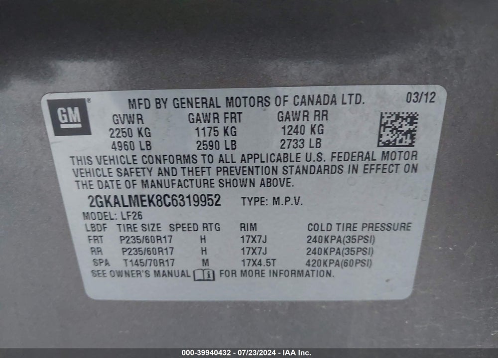 2012 GMC TERRAIN SLE-1 VIN: 2GKALMEK8C6319952