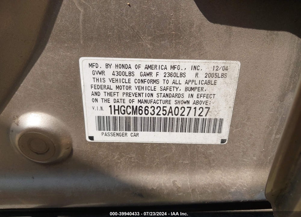 2005 HONDA ACCORD 3.0 LX VIN: 1HGCM66325A027127