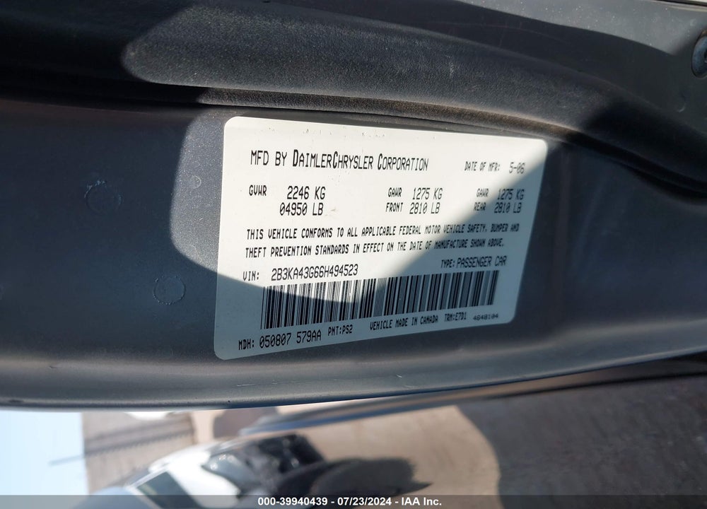 2006 DODGE CHARGER VIN: 2B3KA43G66H494523