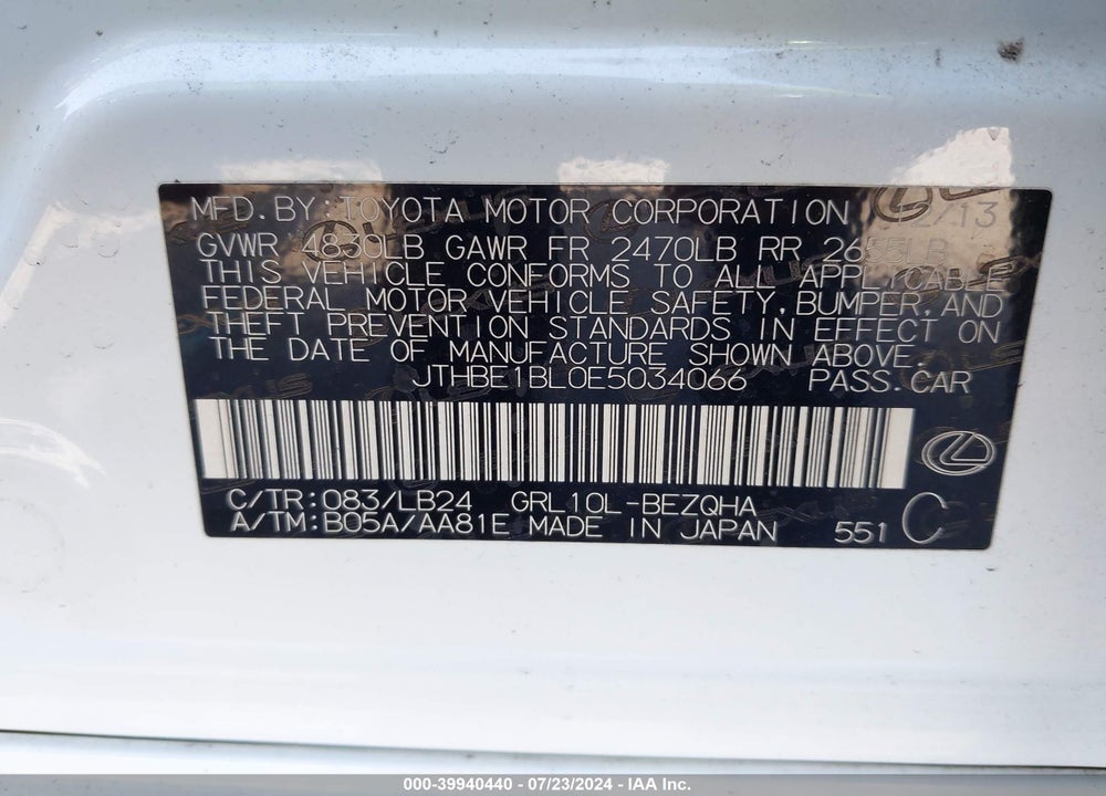 2014 LEXUS GS 350 VIN: JTHBE1BL0E5034066