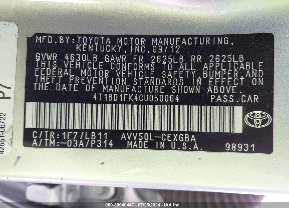 2012 TOYOTA CAMRY HYBRID XLE VIN: 4T1BD1FK4CU050064