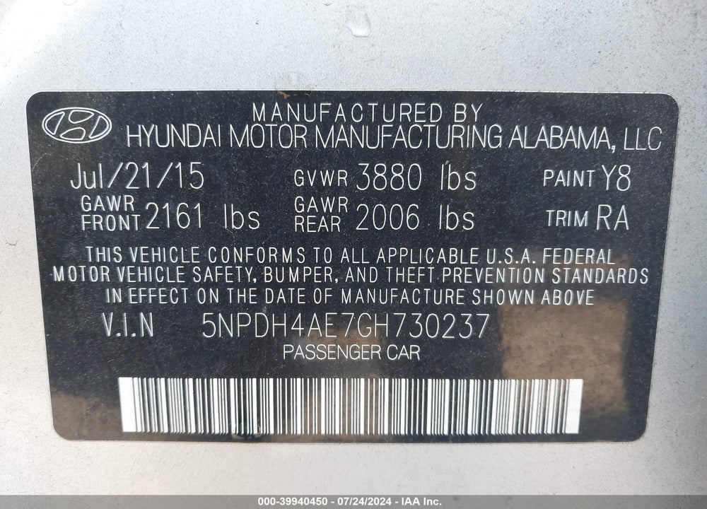 2016 HYUNDAI ELANTRA SE VIN: 5NPDH4AE7GH730237