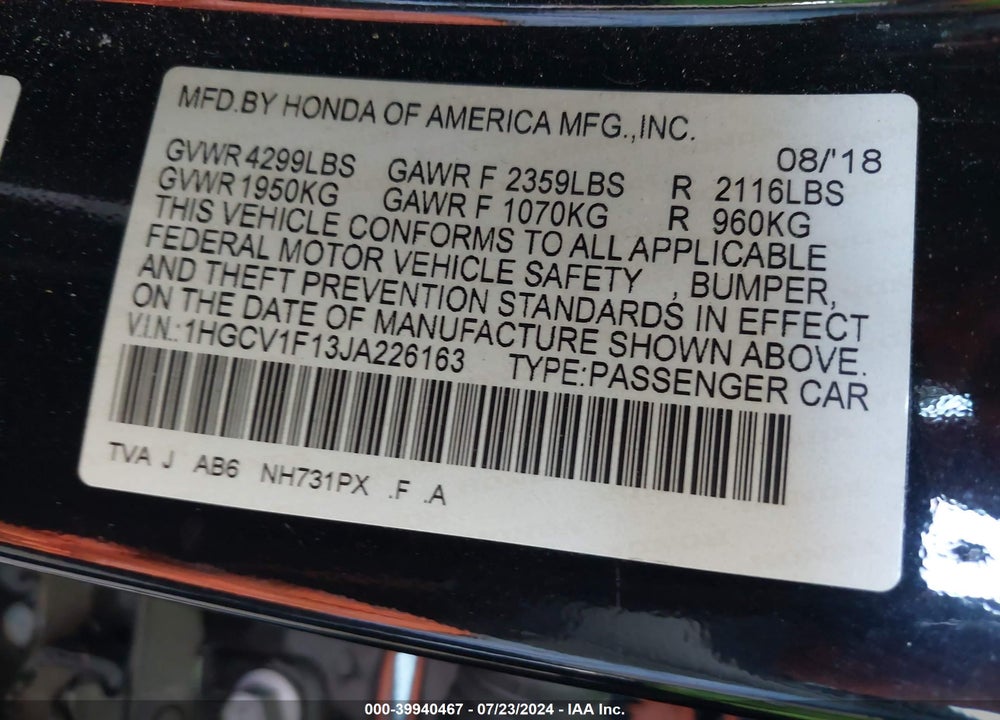 2018 HONDA ACCORD LX VIN: 1HGCV1F13JA226163
