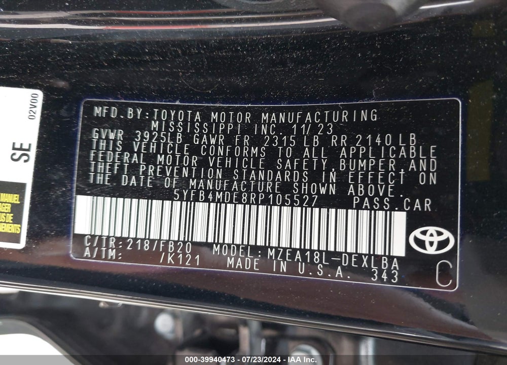 2024 TOYOTA COROLLA LE VIN: 5YFB4MDE8RP105527