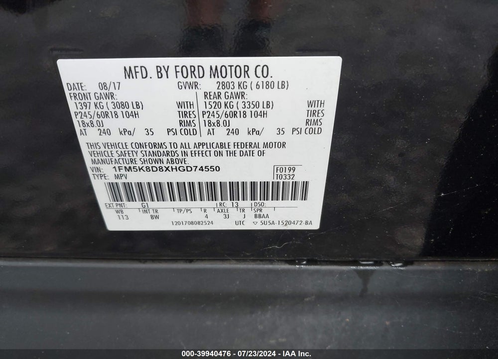 2017 FORD EXPLORER XLT VIN: 1FM5K8D8XHGD74550