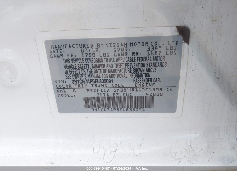 2014 NISSAN VERSA 1.6 SV VIN: 3N1CN7AP5EL835091