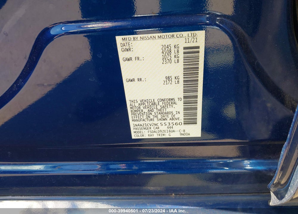 2022 NISSAN LEAF SV 40 KWH VIN: 1N4AZ1CV2NC553560