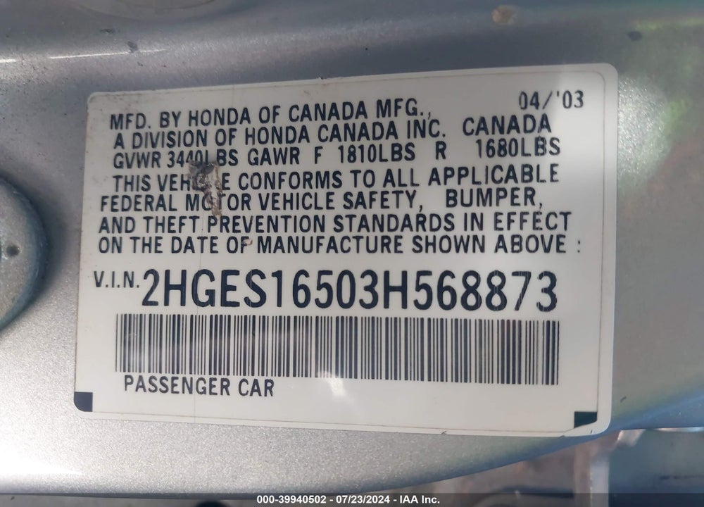 2003 HONDA CIVIC LX VIN: 2HGES16503H568873