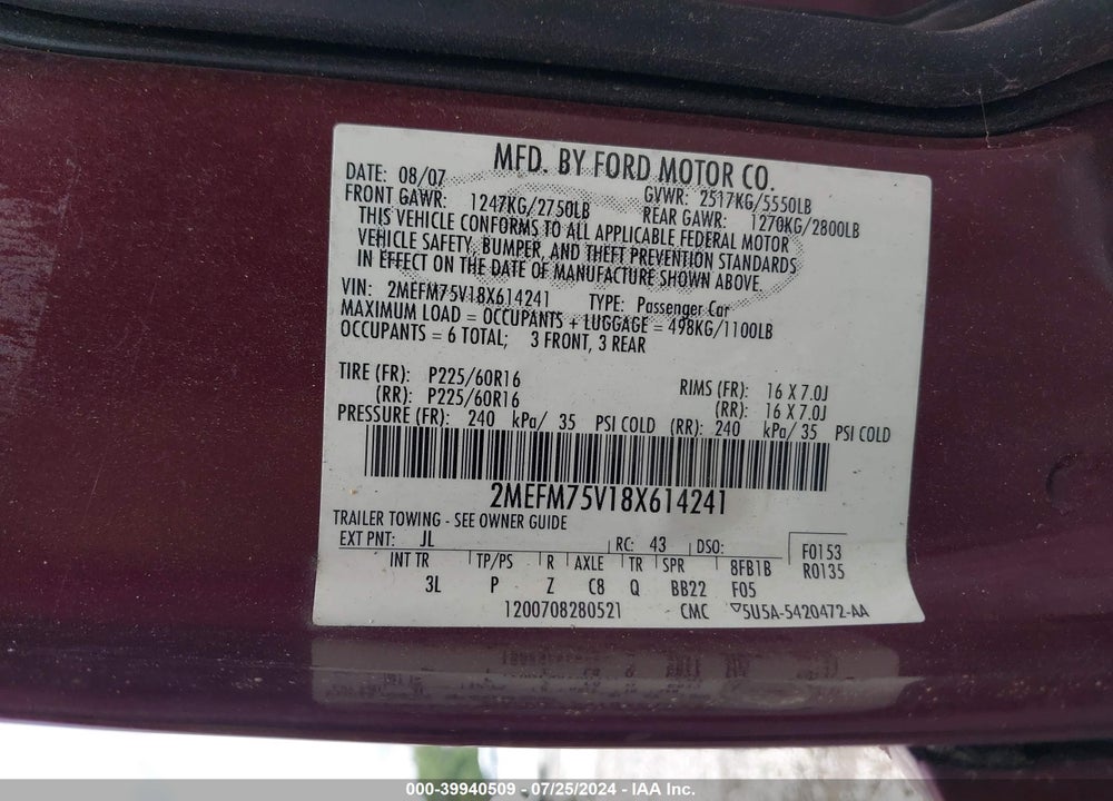 2008 MERCURY GRAND MARQUIS LS VIN: 2MEFM75V18X614241