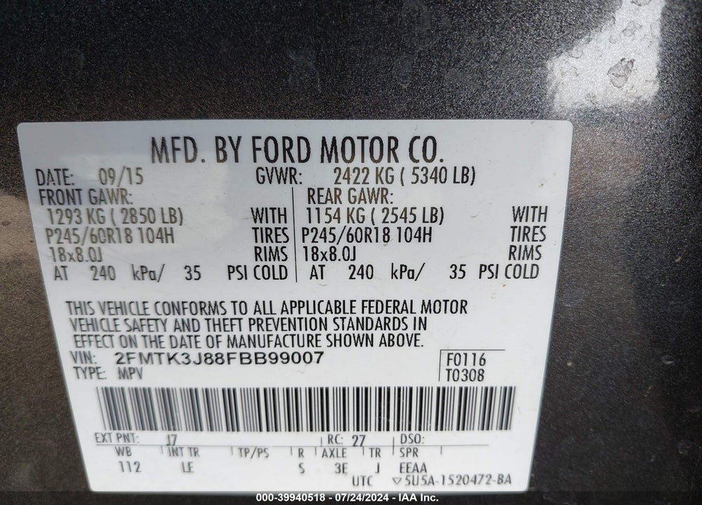 2015 FORD EDGE SEL VIN: 2FMTK3J88FBB99007