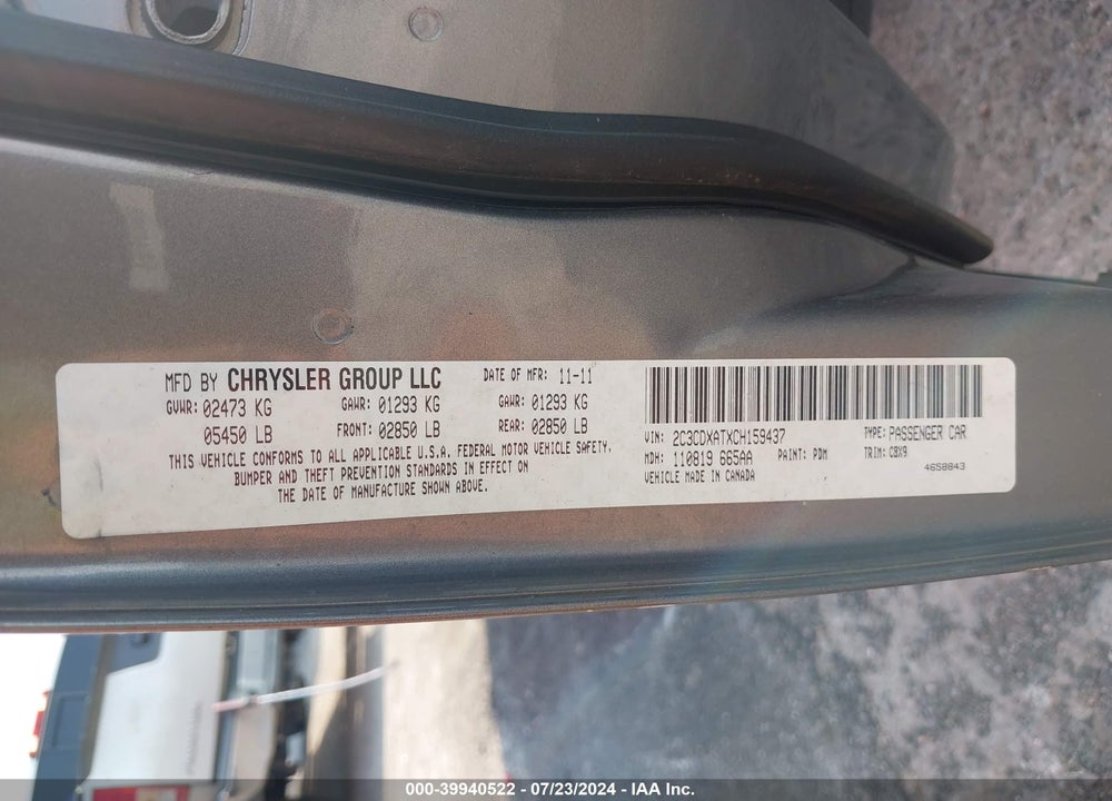 2012 DODGE CHARGER POLICE VIN: 2C3CDXATXCH159437
