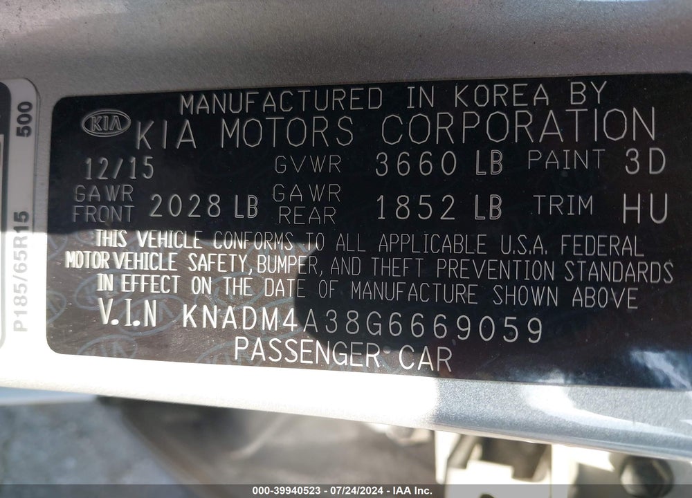 2016 KIA RIO LX VIN: KNADM4A38G6669059