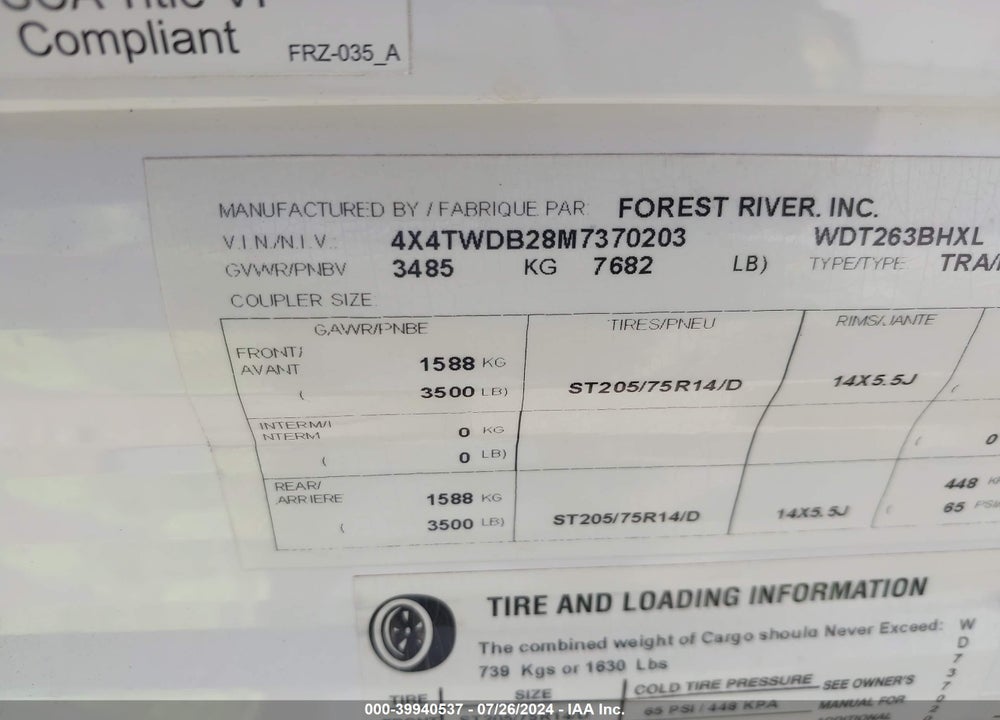 2021 FOREST RIVER WILDWOOD VIN: 4X4TWDB28M7370203