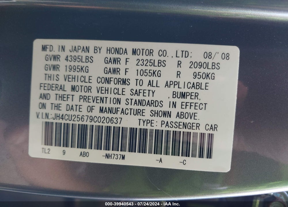2009 ACURA TSX VIN: JH4CU25679C020637