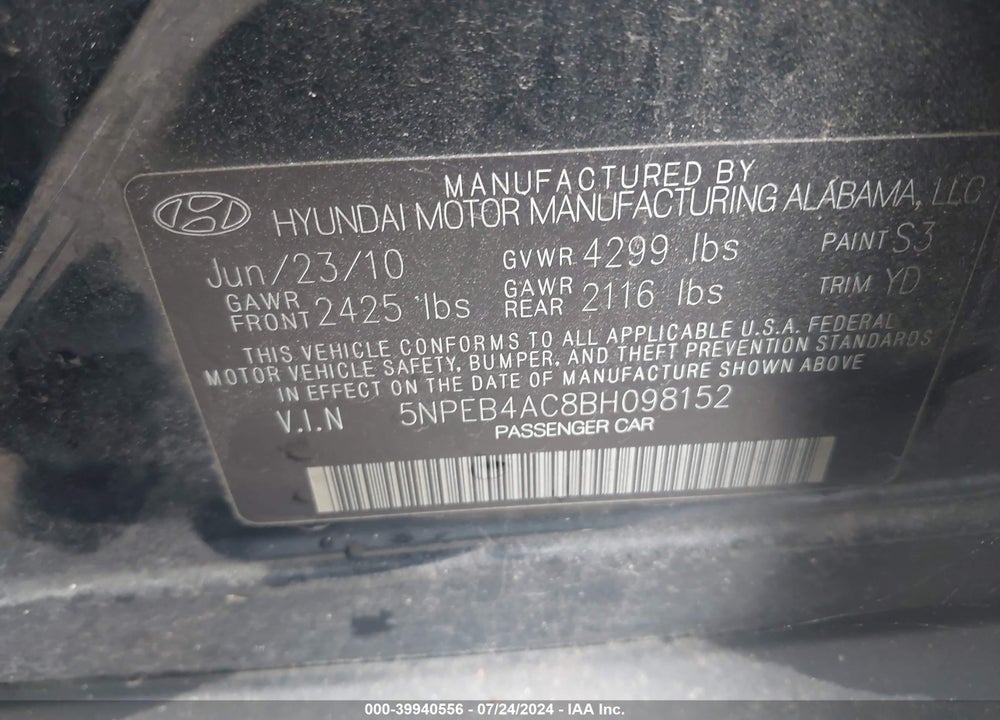 2011 HYUNDAI SONATA GLS VIN: 5NPEB4AC8BH098152