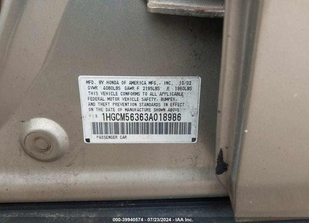 2003 HONDA ACCORD 2.4 LX VIN: 1HGCM56363A018986