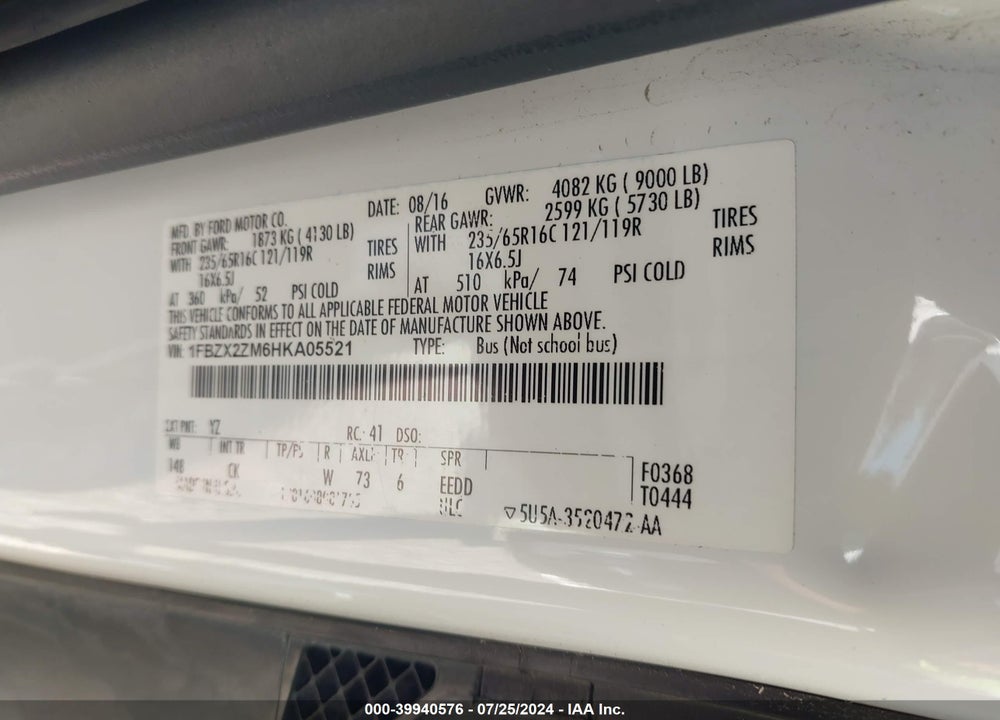 2017 FORD TRANSIT-350 XLT VIN: 1FBZX2ZM6HKA05521