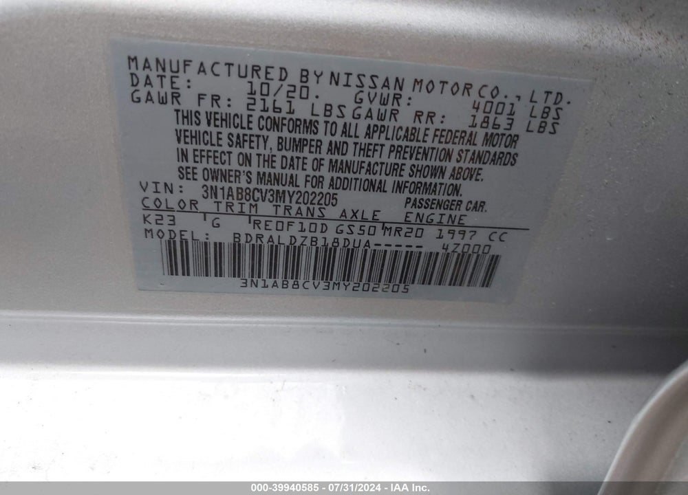 2021 NISSAN SENTRA SV XTRONIC CVT VIN: 3N1AB8CV3MY202205