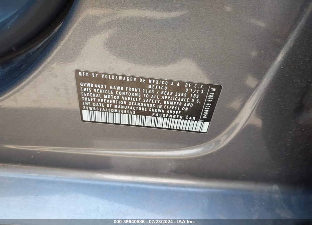 2013 VOLKSWAGEN JETTA HYBRID SEL VIN: 3VW637AJ3DM265559