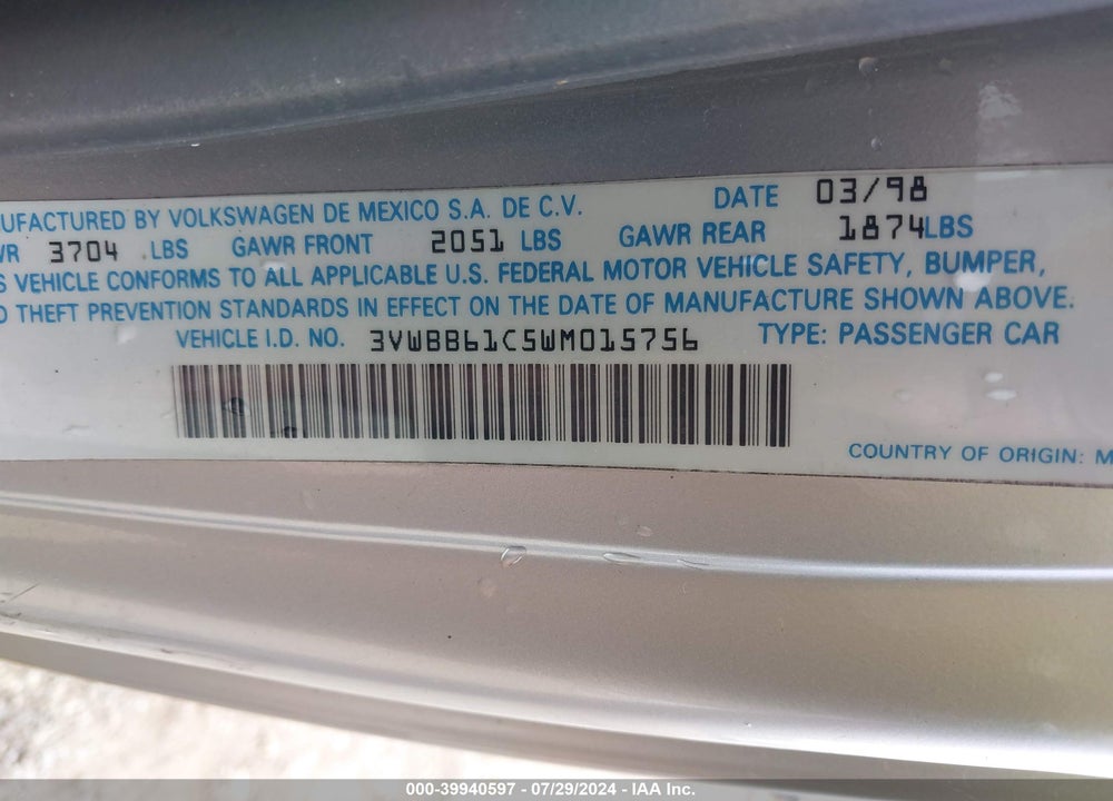 1998 VOLKSWAGEN NEW BEETLE VIN: 3VWBB61C5WM015756