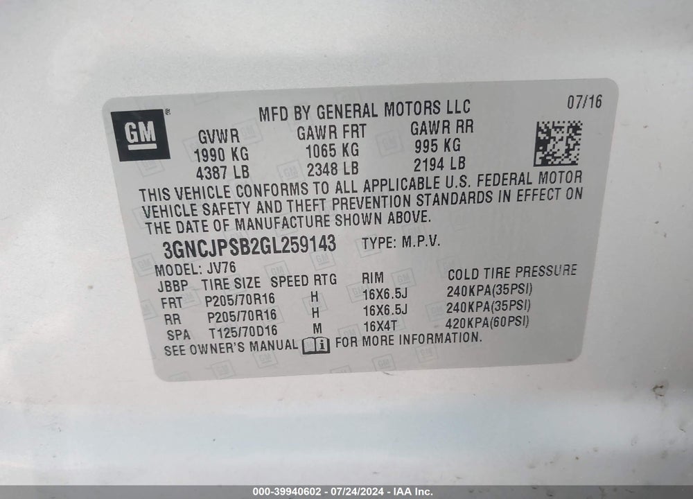 2016 CHEVROLET TRAX LT VIN: 3GNCJPSB2GL259143