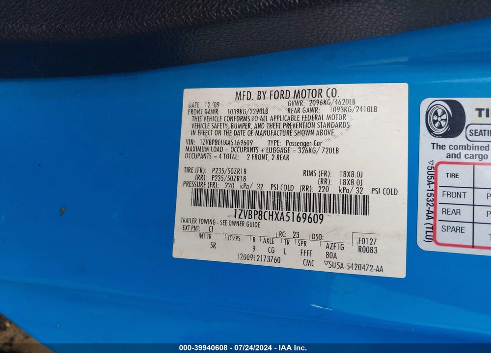 2010 FORD MUSTANG GT/GT PREMIUM VIN: 1ZVBP8CHXA5169609
