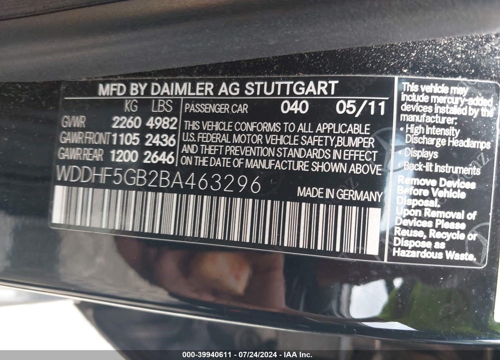 2011 MERCEDES-BENZ E 350 VIN: WDDHF5GB2BA463296
