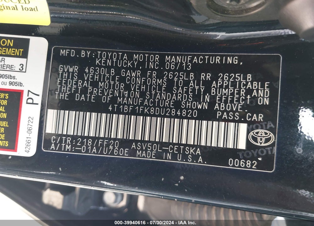 2013 TOYOTA CAMRY SE VIN: 4T1BF1FK8DU284820