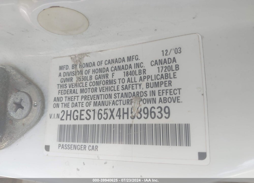 2004 HONDA CIVIC LX VIN: 2HGES165X4H539639