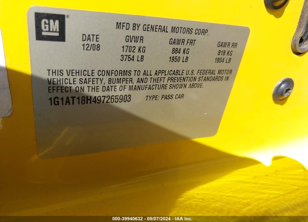 2009 CHEVROLET COBALT LT VIN: 1G1AT18H497265903