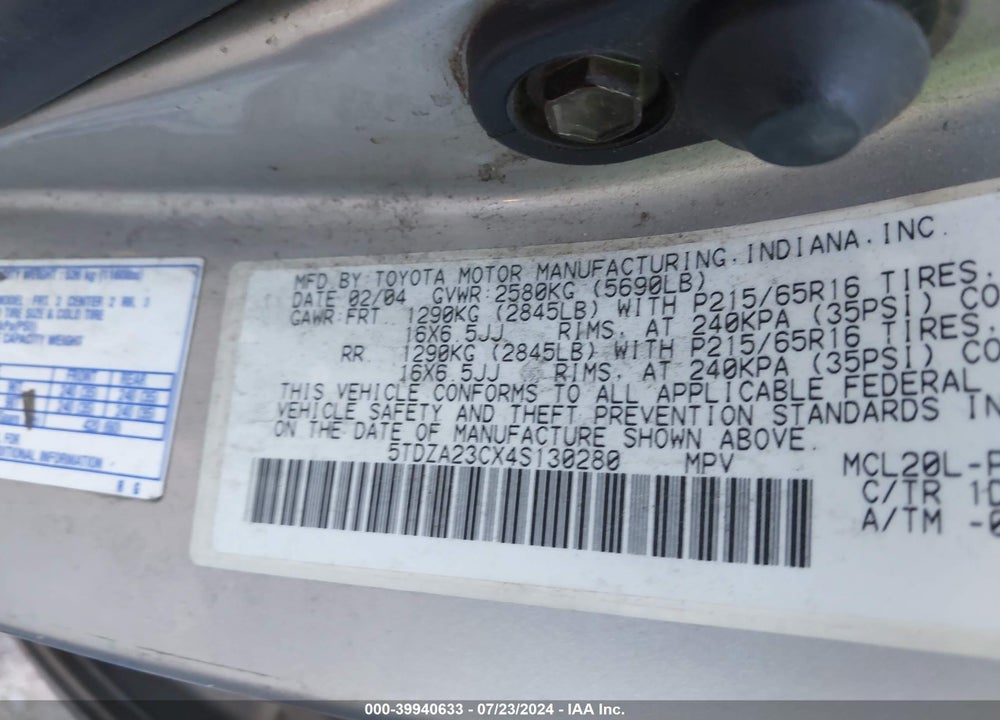 2004 TOYOTA SIENNA LE VIN: 5TDZA23CX4S130280