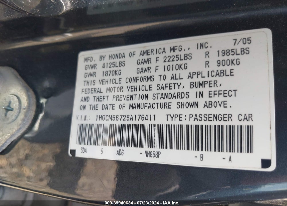 2005 HONDA ACCORD 2.4 EX VIN: 1HGCM56725A176411