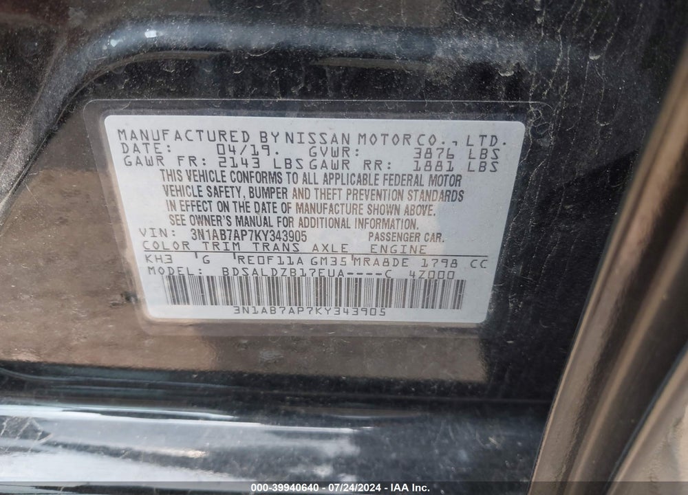 2019 NISSAN SENTRA SV VIN: 3N1AB7AP7KY343905