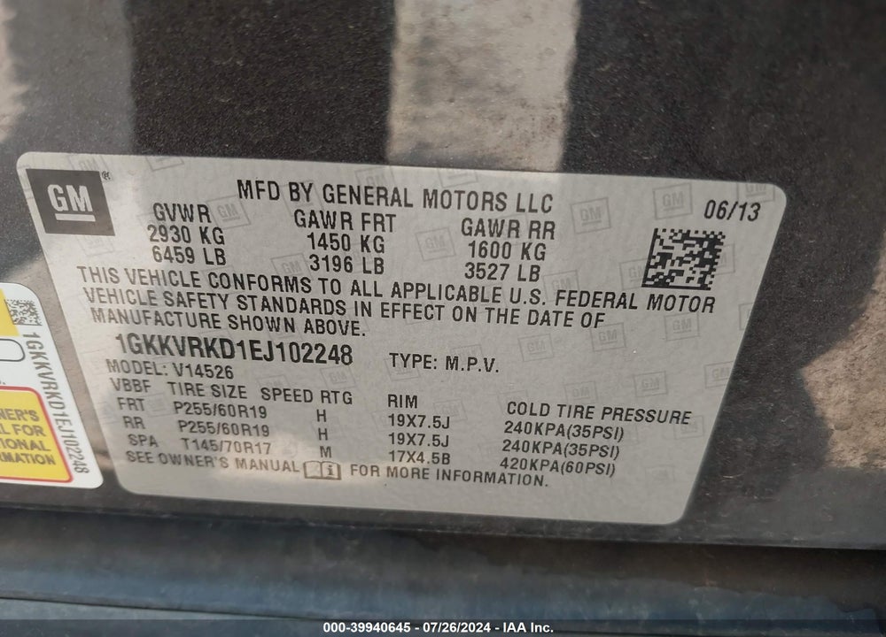 2014 GMC ACADIA SLT-1 VIN: 1GKKVRKD1EJ102248