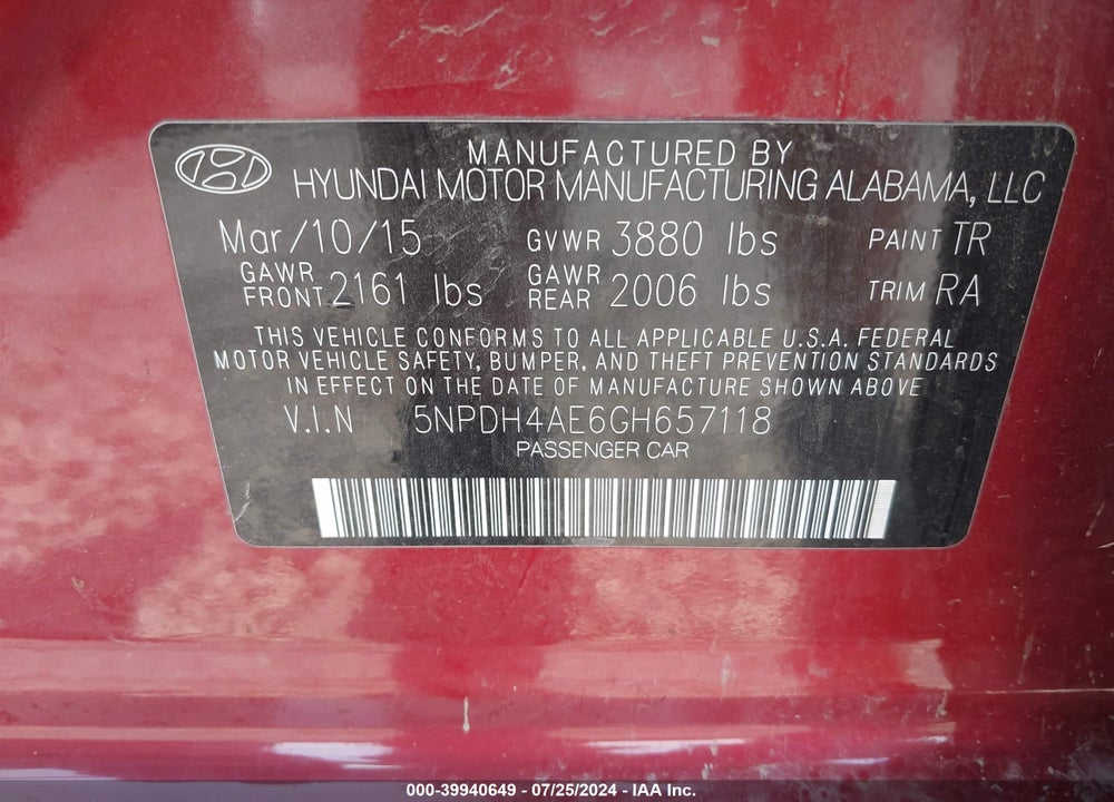 2016 HYUNDAI ELANTRA LIMITED VIN: 5NPDH4AE6GH657118