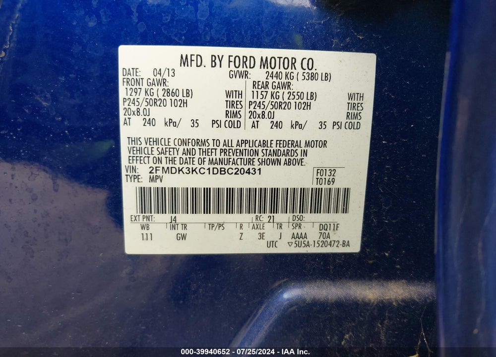 2013 FORD EDGE LIMITED VIN: 2FMDK3KC1DBC20431