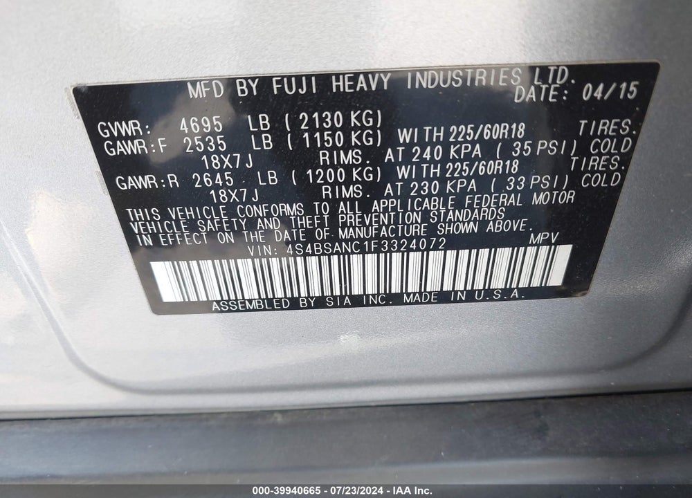 2015 SUBARU OUTBACK 2.5I LIMITED VIN: 4S4BSANC1F3324072