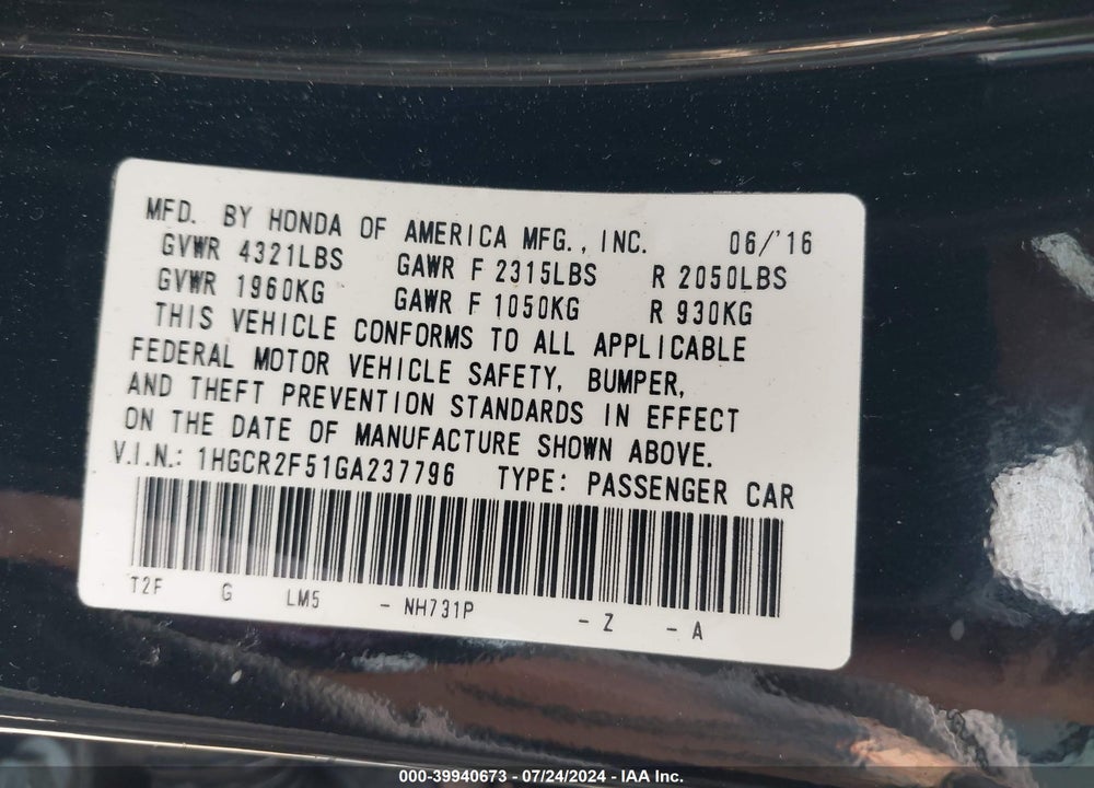 2016 HONDA ACCORD SPORT VIN: 1HGCR2F51GA237796