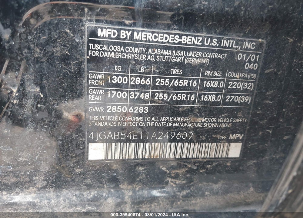 2001 MERCEDES-BENZ ML 320 VIN: 4JGAB54E11A249609