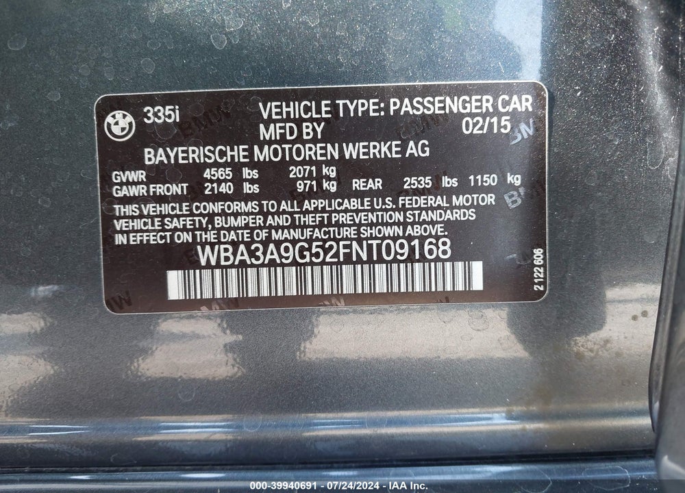 2015 BMW 335I VIN: WBA3A9G52FNT09168