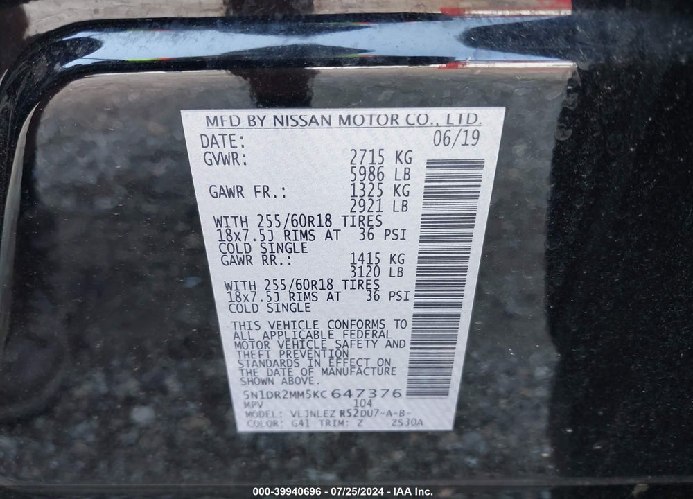 2019 NISSAN PATHFINDER SV VIN: 5N1DR2MM5KC647376