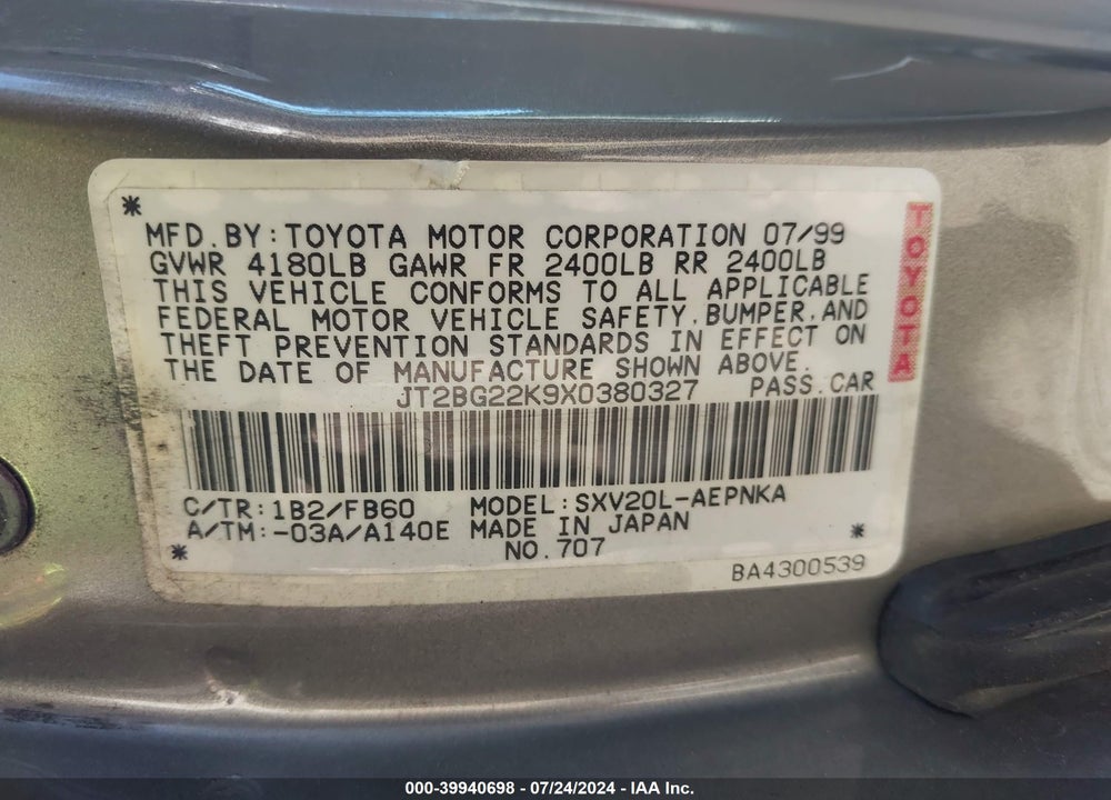 1999 TOYOTA CAMRY LE VIN: JT2BG22K9X0380327