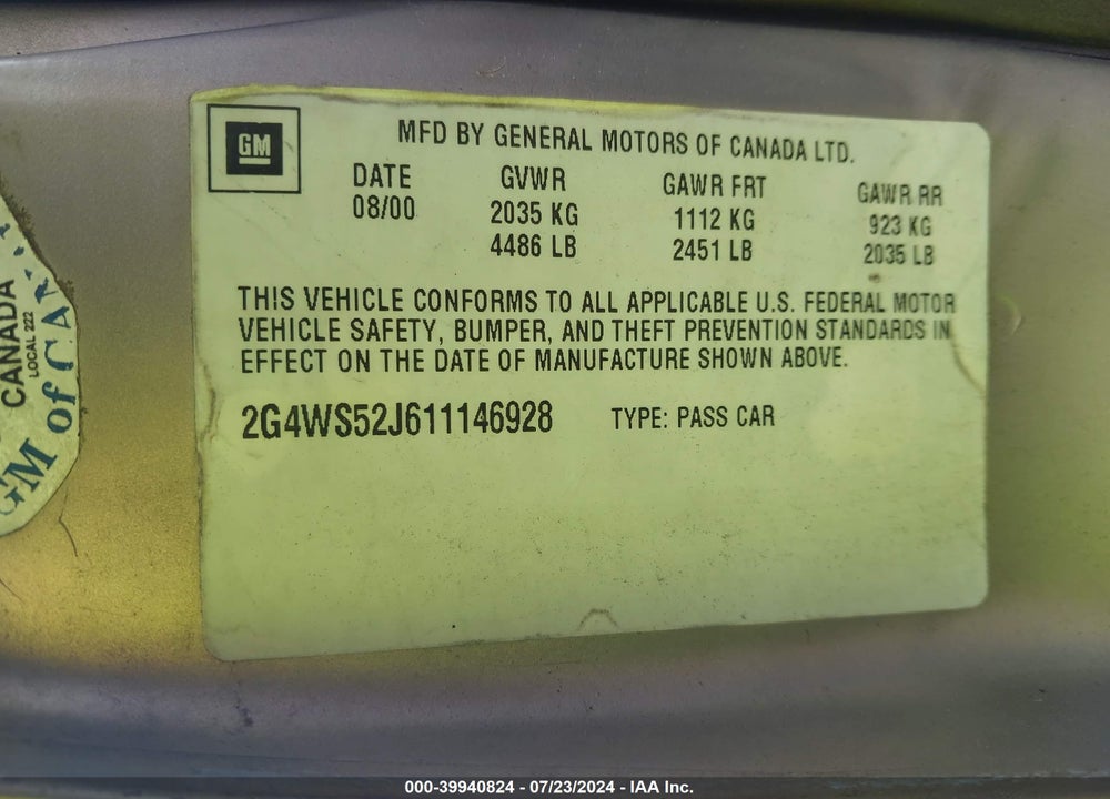 2001 BUICK CENTURY CUSTOM VIN: 2G4WS52J611146928