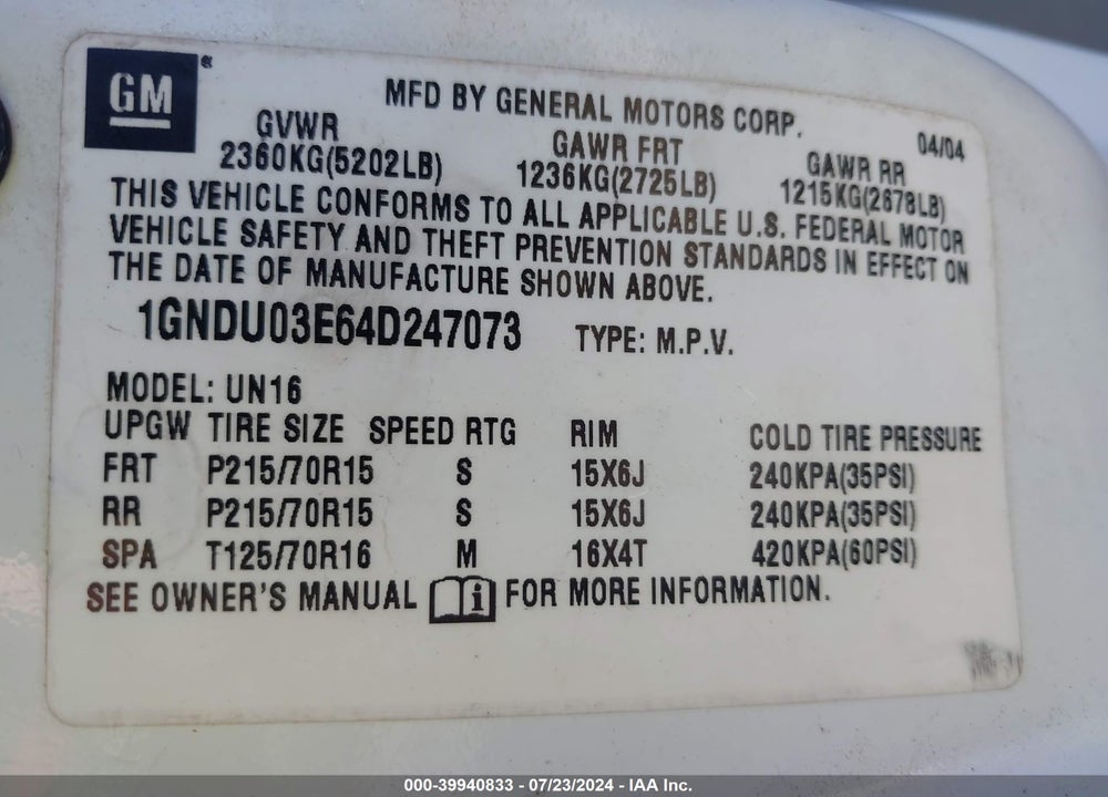 2004 CHEVROLET VENTURE PLUS VIN: 1GNDU03E64D247073