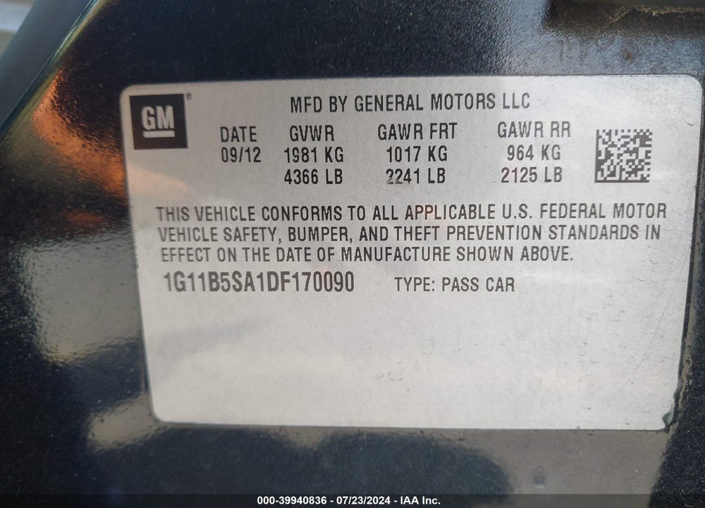 2013 CHEVROLET MALIBU 1LS VIN: 1G11B5SA1DF170090