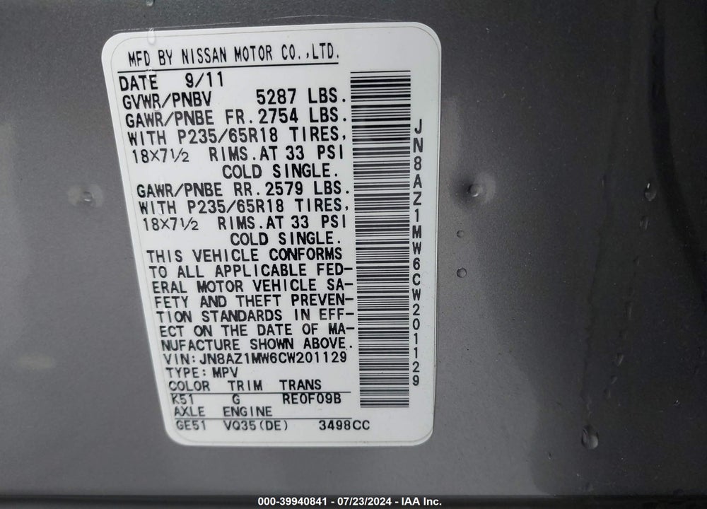 2012 NISSAN MURANO SL VIN: JN8AZ1MW6CW201129