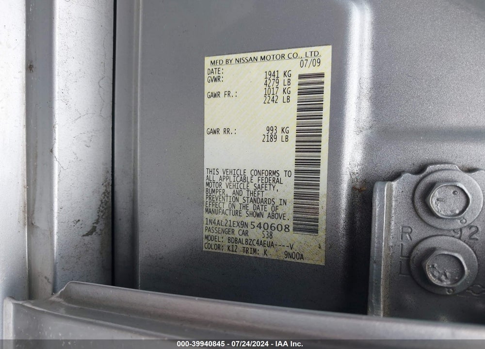 2009 NISSAN ALTIMA 2.5 S VIN: 1N4AL21EX9N540608