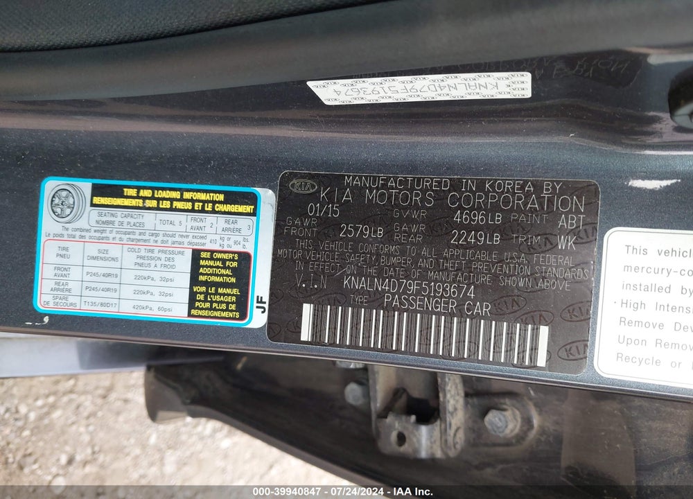 2015 KIA CADENZA LIMITED VIN: KNALN4D79F5193674