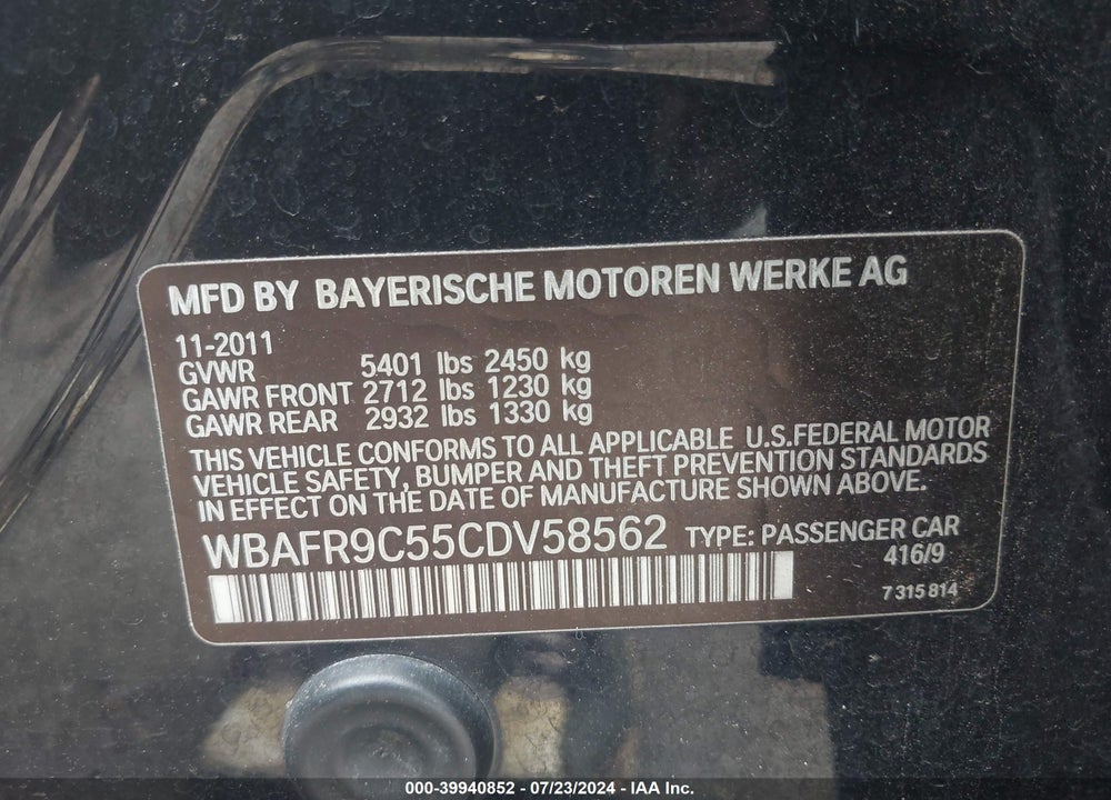 2012 BMW 550I VIN: WBAFR9C55CDV58562