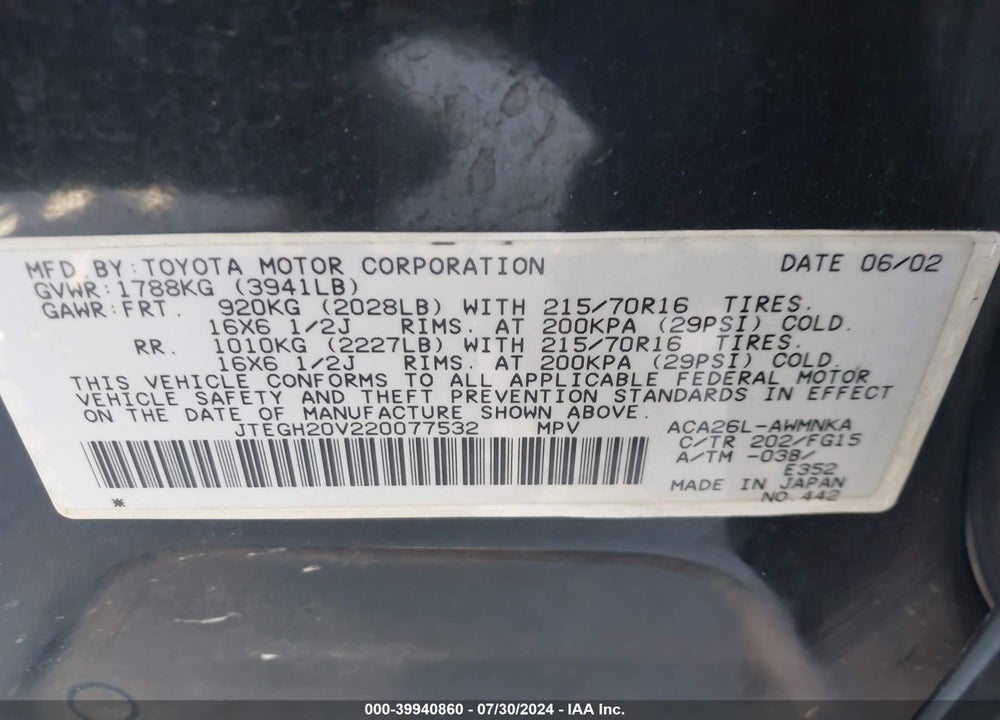 2002 TOYOTA RAV4 VIN: JTEGH20V220077532